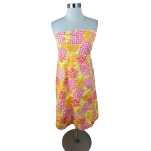 Vintage Lilly Pulitzer 10 Pink Yellow Pineapple Tie Back Strapless Dress